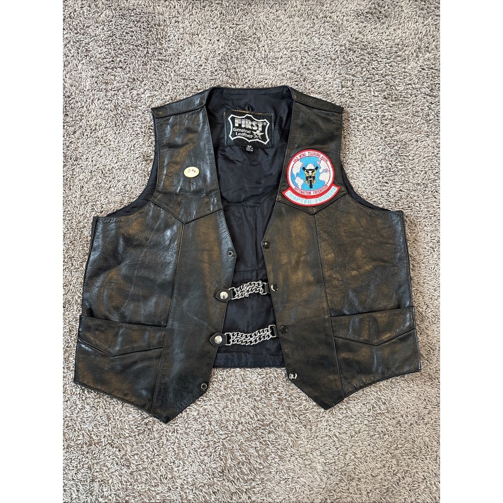 Vintage Leather Sleeveless Snap Biker Vest with Gold Wing BACK PATCH Eagle